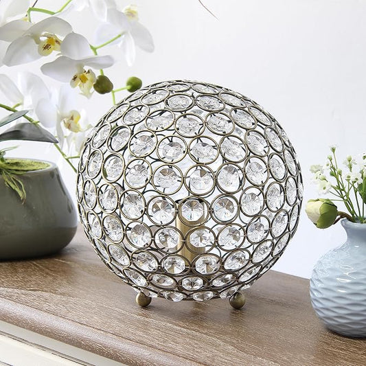 Elegant Designs LT1026-ABS 8" Elipse Crystal Collection Metal Crystal Ball Sequin Table Desk Lamp for Accent Lighting, Décor, Living Room, Antique Brass