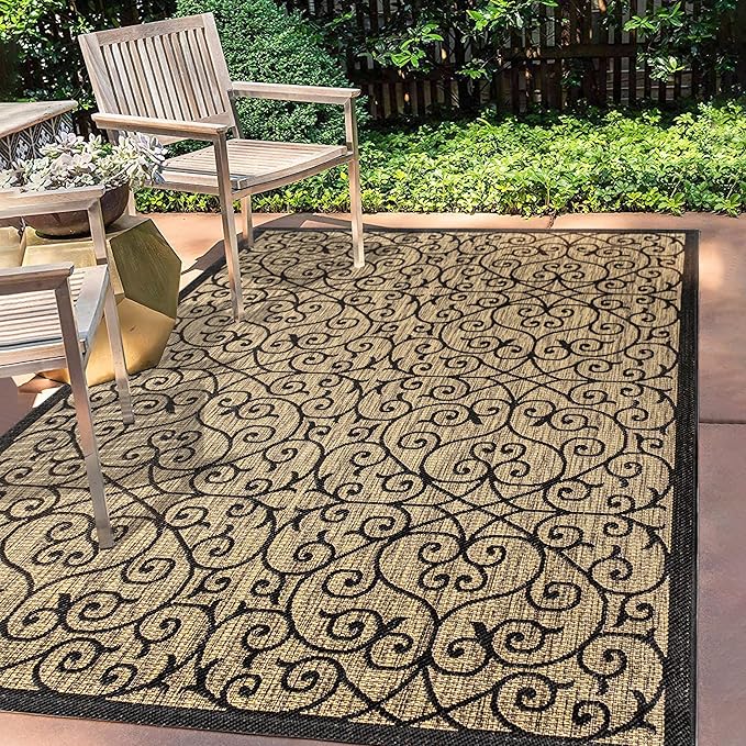 JONATHAN Y Vintage Filigree Indoor Outdoor Area Rug 8X10 Black/Khaki, Madrid Textured Weave for Backyard, Patio, Porch, Easy-Cleaning, High Traffic, Pet-Friendly, Non-Shedding (SMB107A-8)