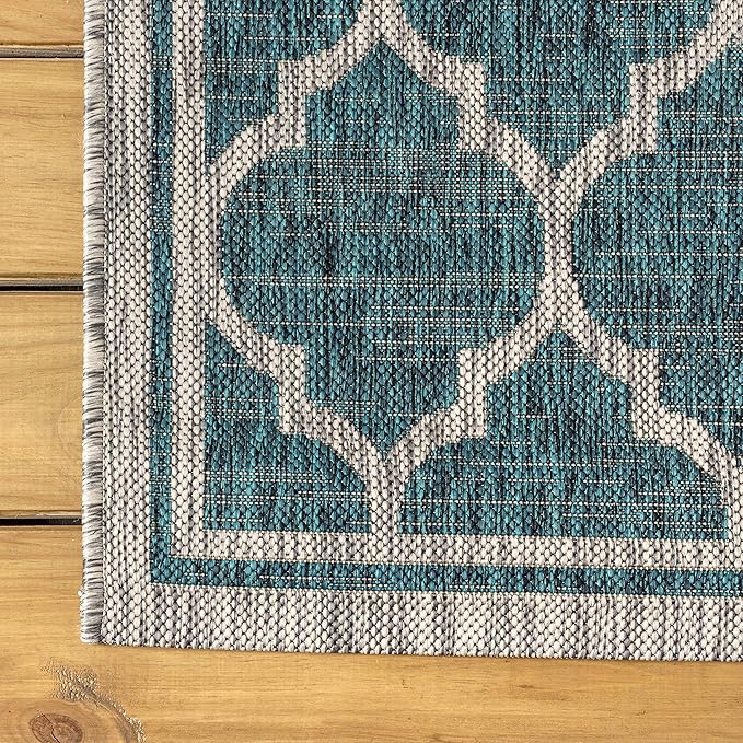 JONATHAN Y Moroccan Trellis Indoor Outdoor Round Area Rug 4 Ft Teal/Gray, Trebol Textured Weave for Backyard, Patio, Porch, Easy-Cleaning, High Traffic, Pet-Friendly, Non-Shedding (SMB109E-4R)