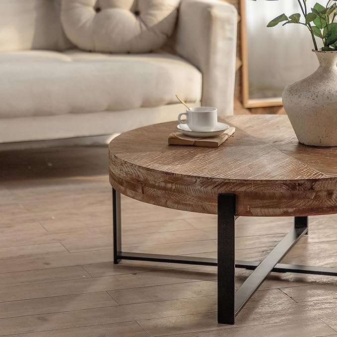 Lasadelgar Wood Round Coffee Table, 31 Inch Farmhouse Rustic Fir Wooden Table Top Cross Metal Legs Circle Coffee Table for Living Room, Black