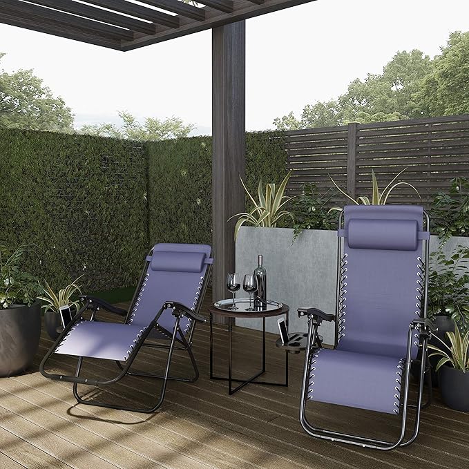 Zero Gravity Chairs - Set of 2 Outdoor Chairs with Side Tables with 2 Cupholders, Phone, and Tablet Holder and Chair Pillow by Lavish Home (Navy)