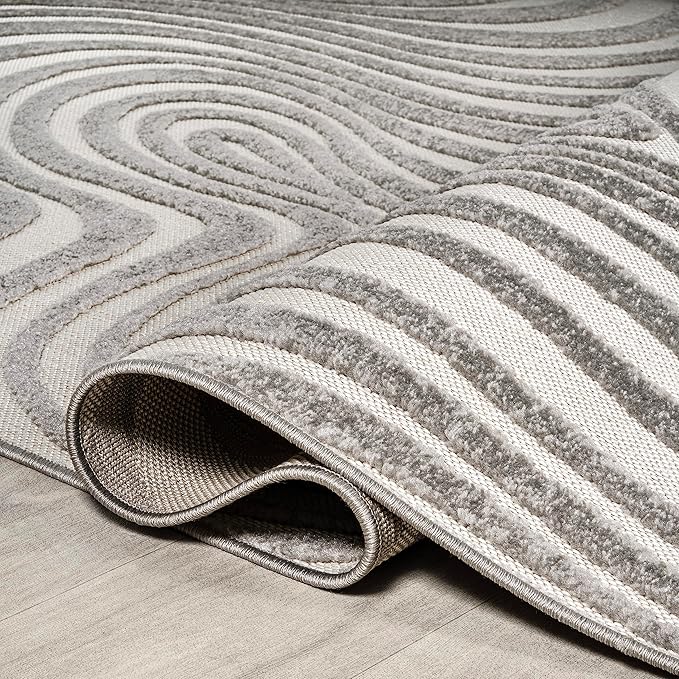 JONATHAN Y Maribo High-Low Abstract Striped Gray/Ivory 6' Round Indoor/Outdoor Area Rug, Pet Friendly, Non-Shedding, Stain Resistant, Easy-Cleaning for Backyard, Patio, Porch (SCN103B-6R)