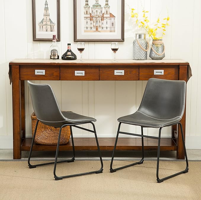 Roundhill Furniture Lotusville Vintage PU Leather Dining Chairs, Antique Gray, Set of 2