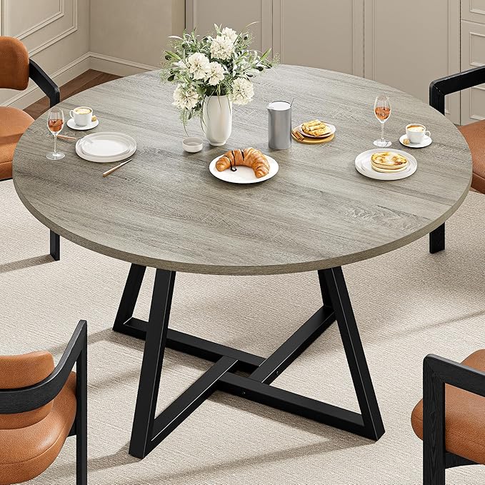 IRONCK 51" Round Dining Table for 6, Wood Kitchen Table with Metal Base, Space Saving Industrial Circle Dinner Table for Kitchen Dining Room, Gray