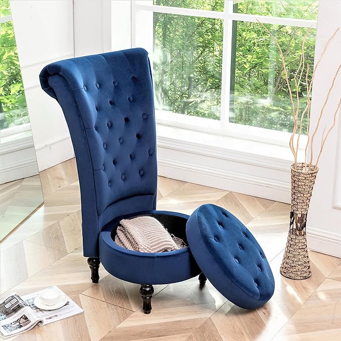 Royal High-Back Velvet Accent Chair for Vanity with Storage and Luxurious Upholstery, Retro Design and Versatile Usage for Living Room, Bedroom, Lounge and Office, Dark Blue