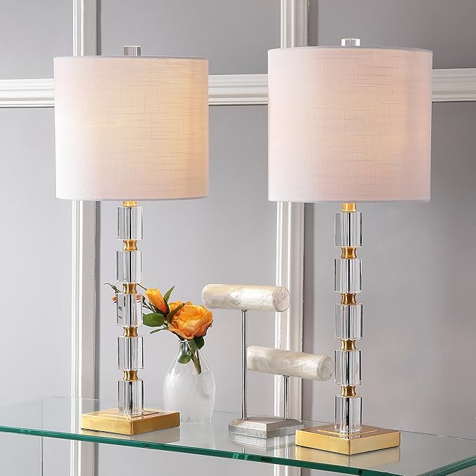 JONATHAN Y 28.5" Clear and Brass Gold Crystal Table Lamp Set of 2, Modern Glam Geometric Bedside Lamps for Living Room, White Linen Drum Shade, UL Listed, LED Bulbs Included JYL5001A-SET2