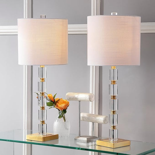 JONATHAN Y 28.5" Clear and Brass Gold Crystal Table Lamp Set of 2, Modern Glam Geometric Bedside Lamps for Living Room, White Linen Drum Shade, UL Listed, LED Bulbs Included JYL5001A-SET2