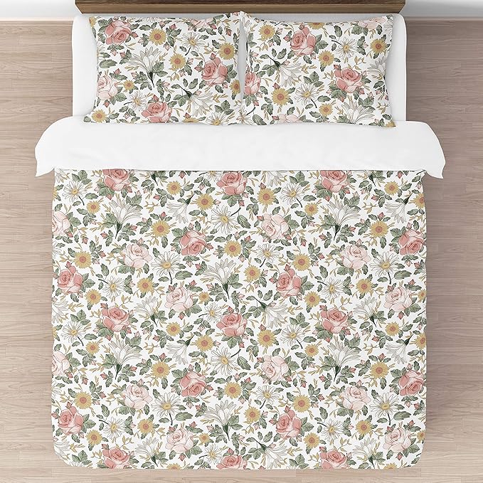 Sweet Jojo Designs Vintage Floral Boho Girl Full/Queen Size Kid Childrens Bedding Comforter Set - 3 Pieces - Blush Pink, Yellow, Green and White Shabby Chic Rose Flower Farmhouse