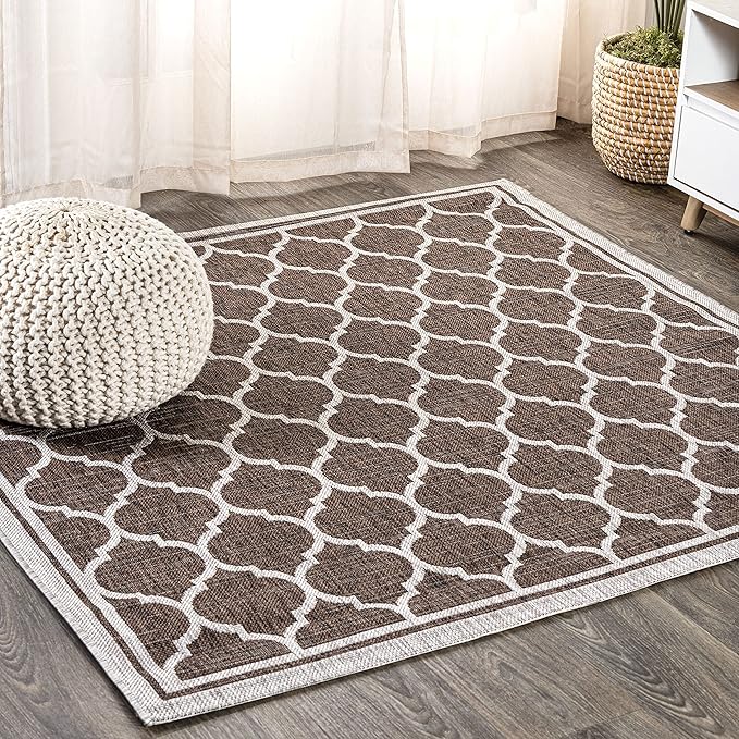 JONATHAN Y Moroccan Trellis Indoor Outdoor Square Area Rug 6X6 Espresso/Taupe, Trebol Textured Weave for Backyard, Patio, Porch, Easy-Cleaning, Pet-Friendly, Non-Shedding (SMB109B-6SQ)