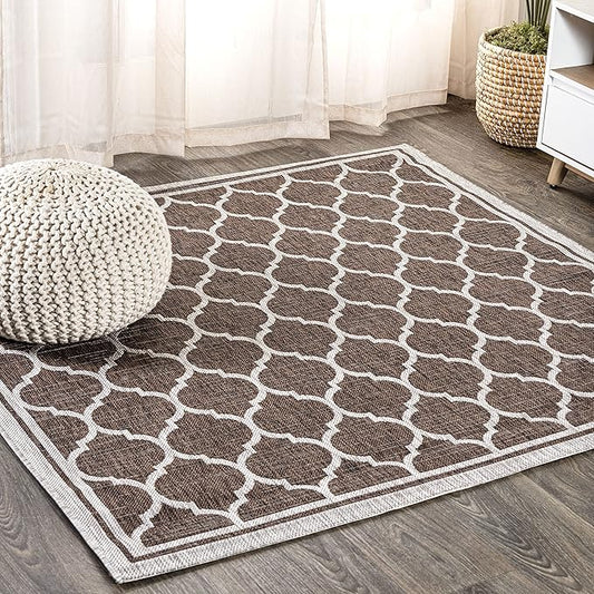 JONATHAN Y Moroccan Trellis Indoor Outdoor Square Area Rug 5X5 Espresso/Taupe, Trebol Textured Weave for Backyard, Patio, Porch, Easy-Cleaning, High Traffic, Pet-Friendly, Non-Shedding (SMB109B-5SQ)