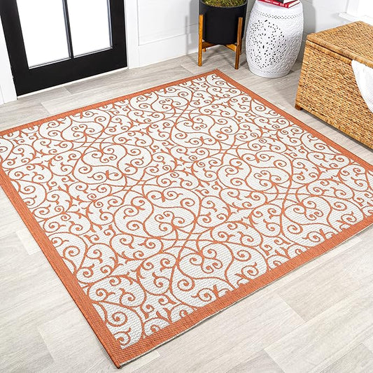 JONATHAN Y Vintage Filigree Indoor Outdoor Square Area Rug 5X5 Cream/Orange, Madrid Textured Weave for Backyard, Patio, Porch, Easy-Cleaning, High Traffic, Pet-Friendly, Non-Shedding (SMB107L-5SQ)