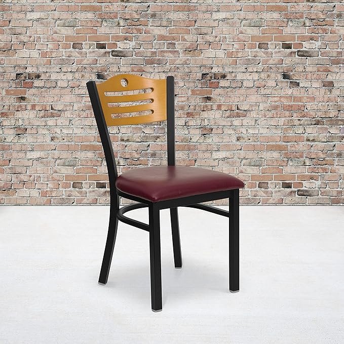 Flash Furniture HERCULES Series Black Slat Back Metal Restaurant Chair - Natural Wood Back, Burgundy Vinyl Seat
