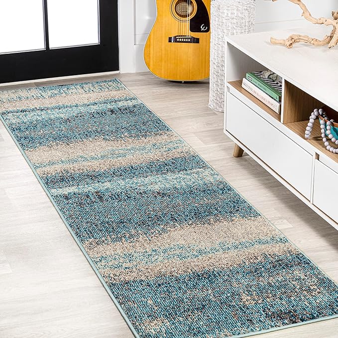 JONATHAN Y Modern Abstract Vintage Cream/Turquoise Runner Rug, 2x8, Contemporary POP, Transitional, Easy-Cleaning for Living Room, Bedroom, Kitchen, Pet Friendly, Non-Shedding (CTP105C-28)