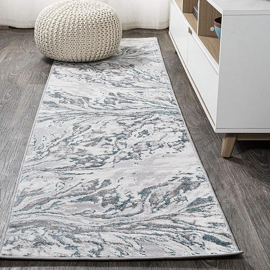 JONATHAN Y Swirl Marbled Gray/Turquoise Runner Rug 2X10 ft, Abstract for Living Room, Bedroom, Kitchen, Office, Easy-Cleaning, High Traffic, Pet-Friendly, Non-Shedding SOR203A-210