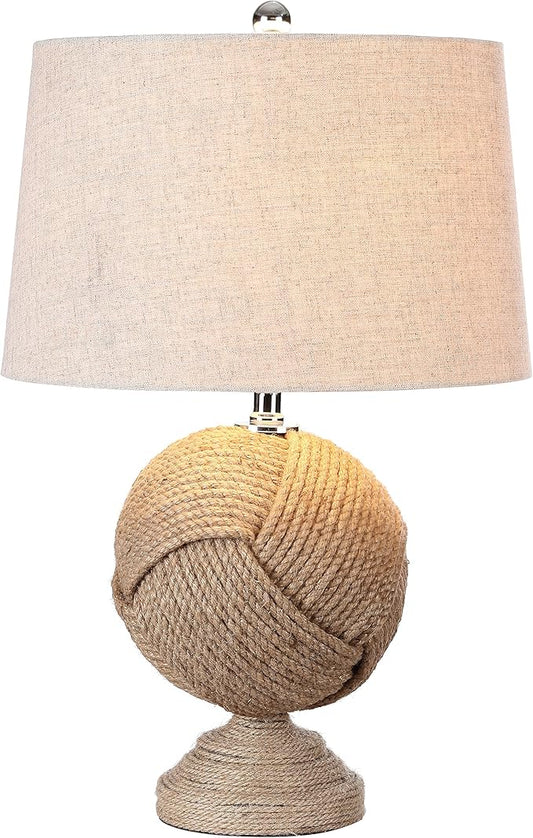 JONATHAN Y 24" Brown Monkey's Fist Knotted Rope LED Table Lamp, Coastal Farmhouse Nautical Lamp for Living Room Bedroom, Gray Linen Shade, UL Listed, LED Bulb Included JYL1005A