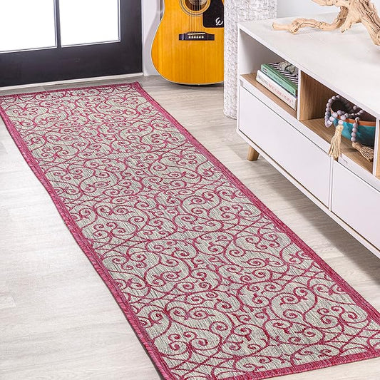 JONATHAN Y Vintage Filigree Indoor Outdoor Runner Rug 2X10 Light Gray/Fuchsia, Madrid Textured Weave for Backyard, Patio, Porch, Easy-Cleaning, High Traffic, Pet-Friendly, Non-Shedding (SMB107I-210)