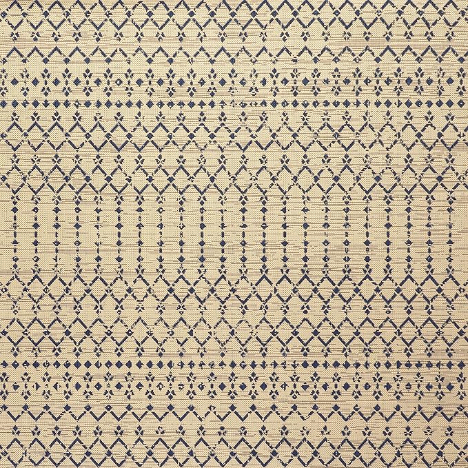 JONATHAN Y Moroccan Geometric Indoor Outdoor Square Area Rug 9X9 Beige/Navy, Ourika Textured Weave for Backyard, Patio, Porch, Easy-Cleaning, High Traffic, Pet-Friendly, Non-Shedding (SMB108H-9SQ)