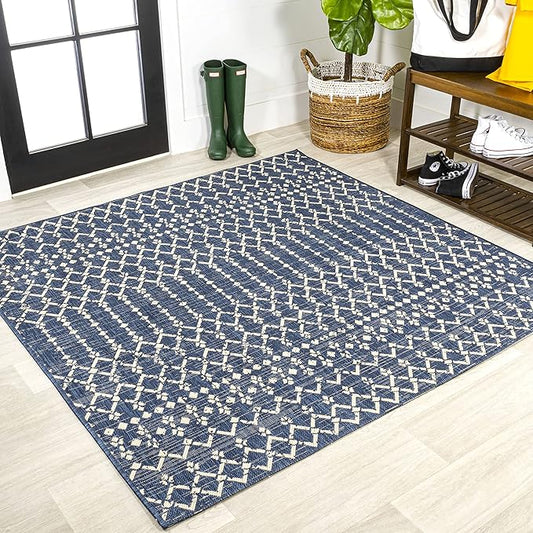 JONATHAN Y Moroccan Geometric Indoor Outdoor Square Area Rug 4X4 Navy/Beige, Ourika Textured Weave for Backyard, Patio, Porch, Easy-Cleaning, High Traffic, Pet-Friendly, Non-Shedding (SMB108K-4SQ)