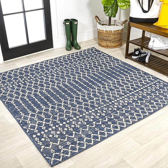 JONATHAN Y Moroccan Geometric Indoor Outdoor Square Area Rug 9X9 Navy/Beige, Ourika Textured Weave for Backyard, Patio, Porch, Easy-Cleaning, High Traffic, Pet-Friendly, Non-Shedding (SMB108K-9SQ)
