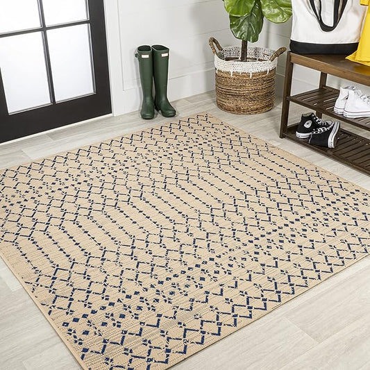 JONATHAN Y Moroccan Geometric Indoor Outdoor Square Area Rug 9X9 Beige/Navy, Ourika Textured Weave for Backyard, Patio, Porch, Easy-Cleaning, High Traffic, Pet-Friendly, Non-Shedding (SMB108H-9SQ)