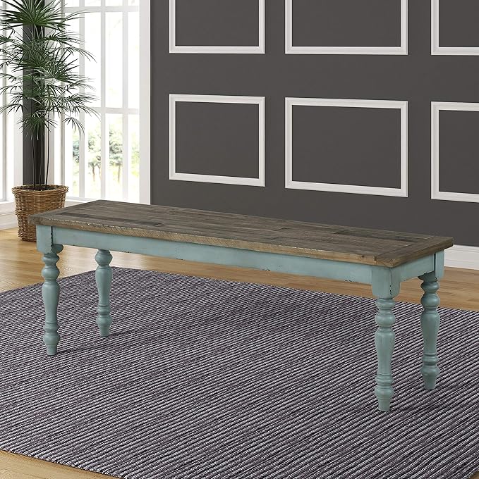 Roundhill Furniture Prato 6-Piece Dining Set, Dining Table with 4 Cross Back Chairs and Bench, Antique Blue and Distressed Walnut Finish