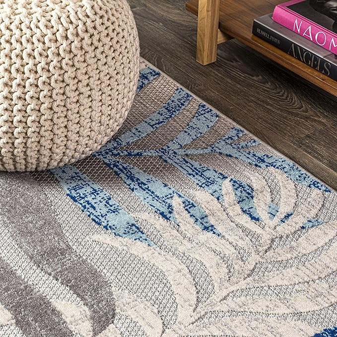 JONATHAN Y Tropics Palm Leaves Indoor Outdoor Area Rug 5X8 Gray/Blue, Boho for Backyard, Patio, Porch, Easy-Cleaning, High Traffic, Pet-Friendly, Non-Shedding (AMC100A-5)