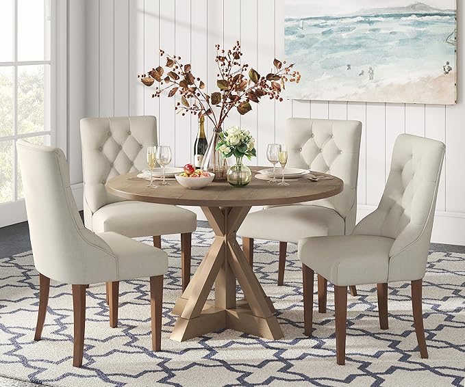 Finch Alfred Round Solid Wood Rustic Dining Table for Farmhouse Kitchen Room Decor, Wooden Trestle Pedestal Base, 46.5" Wide Circular Tabletop, Distressed Beige