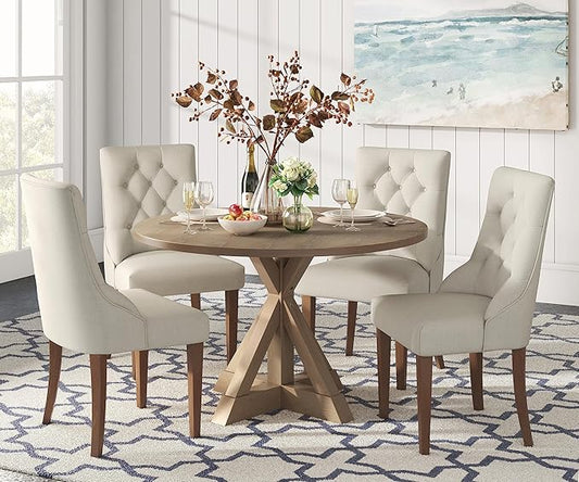 Finch Alfred Round Solid Wood Rustic Dining Table for Farmhouse Kitchen Room Decor, Wooden Trestle Pedestal Base, 46.5" Wide Circular Tabletop, Distressed Beige