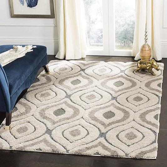 SAFAVIEH Florida Shag Collection Area Rug - 4' Square, Cream & Light Blue, Modern Design, Non-Shedding & Easy Care, 1.2-inch Thick Ideal for High Traffic Areas in Living Room, Bedroom (SG461-1160)