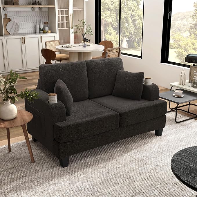 Homes: Inside + Out Reese Modern Plush Boucle Comfortable Loveseat with Side Pockets, Cup Holders and Pillows, Wooden Soft Couch for Living Room, Bedroom and Office, Dark Grey