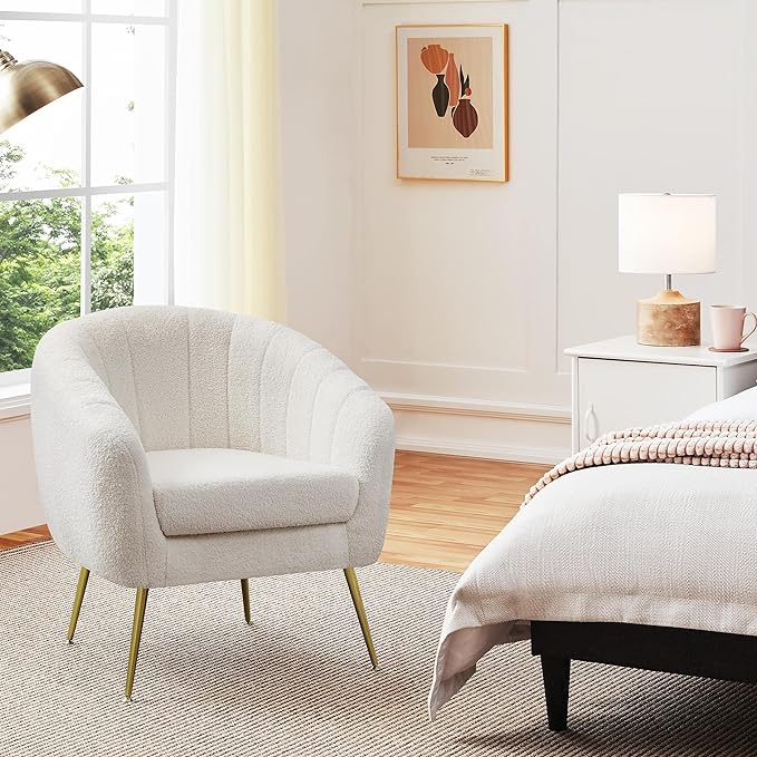 Yaheetech Sherpa Fabric Accent Chair, Modern Cozy Vanity Chair with Gold Metal Legs, Boucle Fabric Armchair with Removable Seat Cushion for Living Room Bedroom Office Guest Room, Ivory