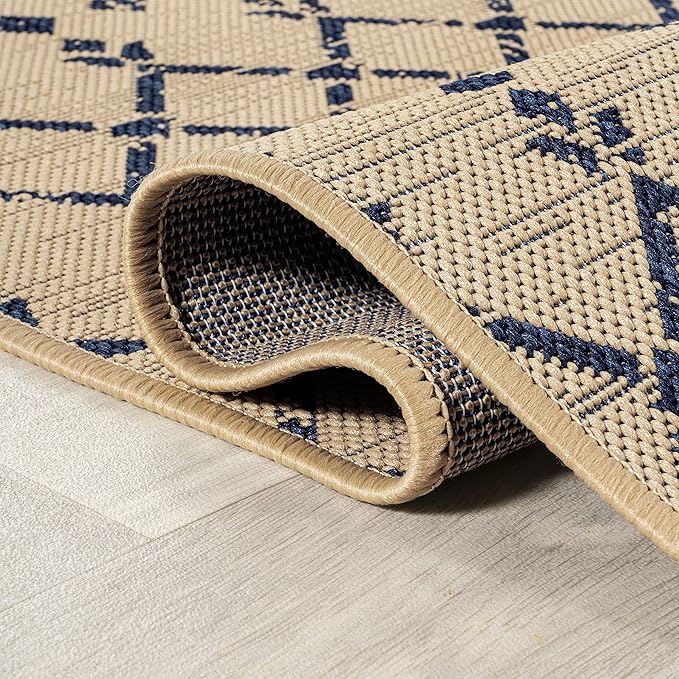 JONATHAN Y Moroccan Geometric Indoor Outdoor Round Area Rug 8 Ft Beige/Navy, Ourika Textured Weave for Backyard, Patio, Porch, Easy-Cleaning, High Traffic, Pet-Friendly, Non-Shedding (SMB108H-8R)