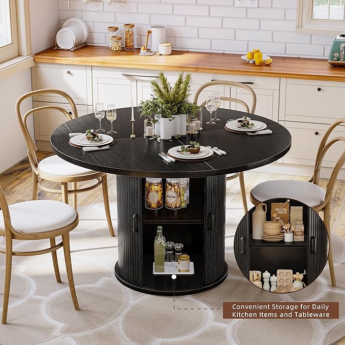 47 Inch Round Dining Table for 4-6 Round Table Kitchen Modern Round Dining Room Table with 2-Layer Storage Shelf and Wood Slide Door Circle Kitchen Tables for Dining Room Black