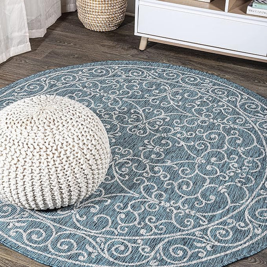JONATHAN Y Vintage Filigree Indoor Outdoor Round Area Rug 9 Ft Teal/Gray, Charleston Textured Weave for Backyard, Patio, Porch, Easy-Cleaning, High Traffic, Pet-Friendly, Non-Shedding (SMB106F-9R)