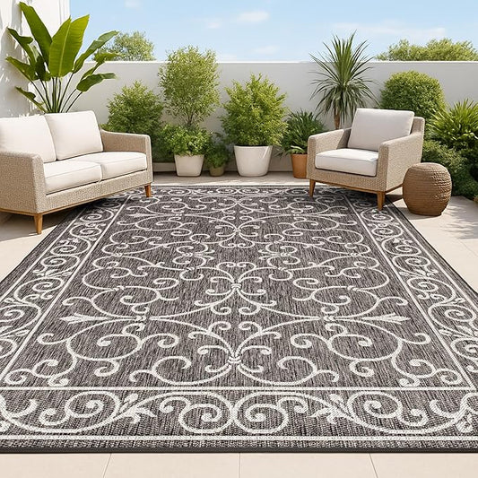 JONATHAN Y Vintage Filigree Indoor Outdoor Area Rug 4X6 Black/Gray, Charleston Textured Weave for Backyard, Patio, Porch, Easy-Cleaning, High Traffic, Pet-Friendly, Non-Shedding (SMB106G-4)