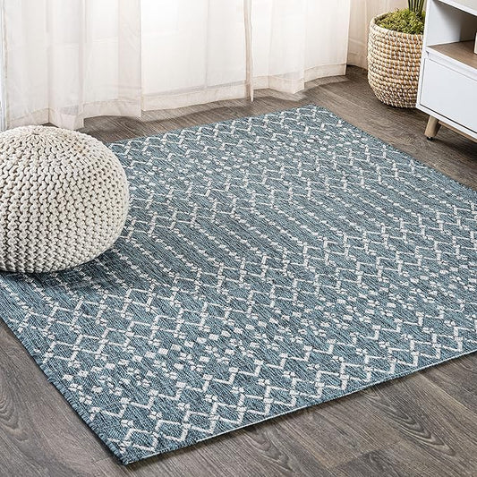 JONATHAN Y Moroccan Geometric Indoor Outdoor Square Area Rug 4X4 Teal/Gray, Ourika Textured Weave for Backyard, Patio, Porch, Easy-Cleaning, High Traffic, Pet-Friendly, Non-Shedding (SMB108C-4SQ)