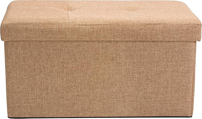 Simplify Faux Linen Folding Storage Ottoman | Double | Collapsible | Tufted Padded Seating | Foot Rest | Toy Box | Bench | Camel