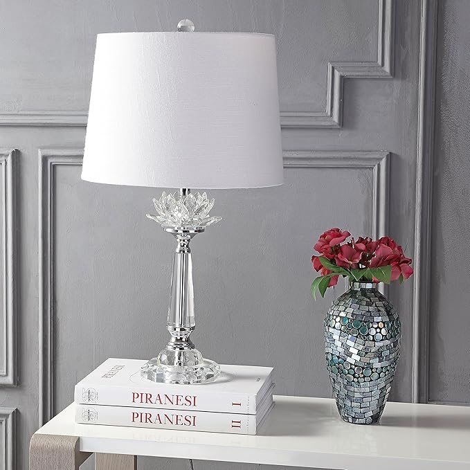 JONATHAN Y 24.5" Clear Crystal LED Table Lamp, Hollywood Regency Modern Glam Candlestick Lamp with White Linen Drum Shade for Living Room Bedroom, LED Bulb Included JYL2016A