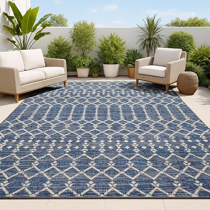 JONATHAN Y Moroccan Geometric Indoor Outdoor Area Rug 4X6 Navy/Beige, Ourika Textured Weave for Backyard, Patio, Porch, Easy-Cleaning, High Traffic, Pet-Friendly, Non-Shedding (SMB108K-4)