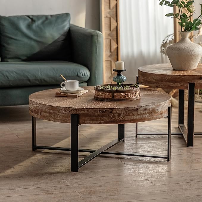 Lasadelgar Wood Round Coffee Table, 31 Inch Farmhouse Rustic Fir Wooden Table Top Cross Metal Legs Circle Coffee Table for Living Room, Black