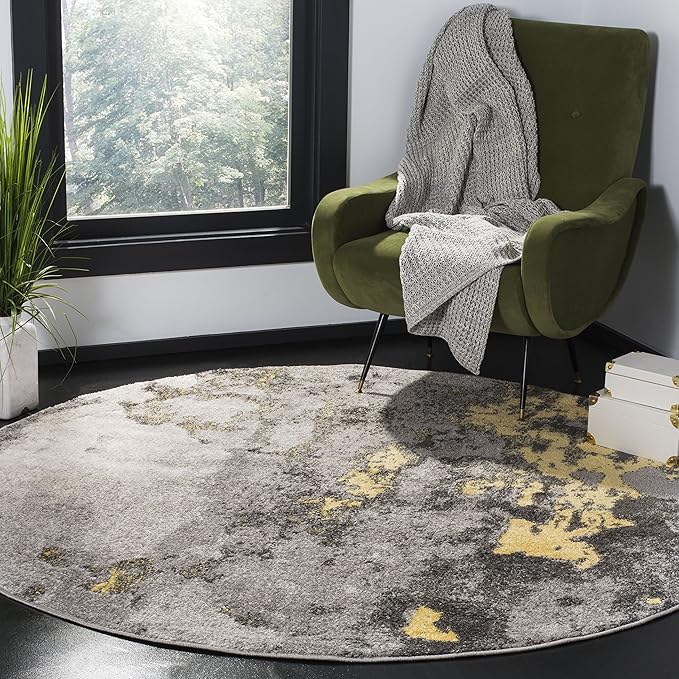 SAFAVIEH Adirondack Collection 10' Round Grey / Yellow ADR134H Modern Abstract Non-Shedding Dining Room Entryway Foyer Living Room Bedroom Area Rug