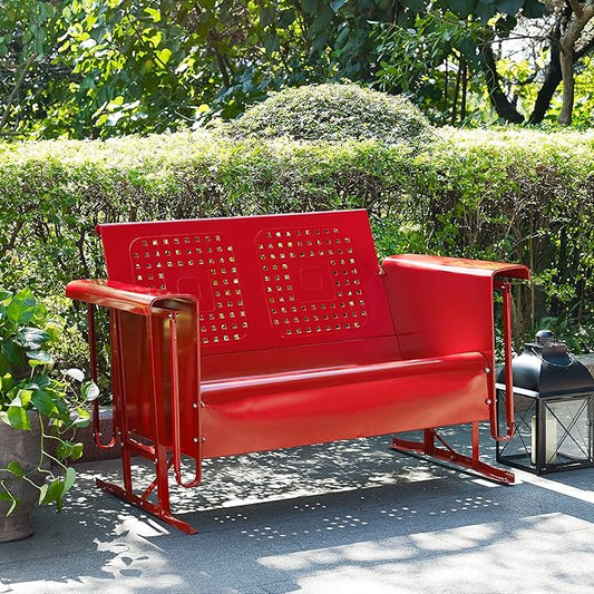 Crosley Furniture Bates Retro Metal Outdoor Loveseat Glider, 2-Person Rocking Patio Bench for Porch, Deck, Bright Red Gloss