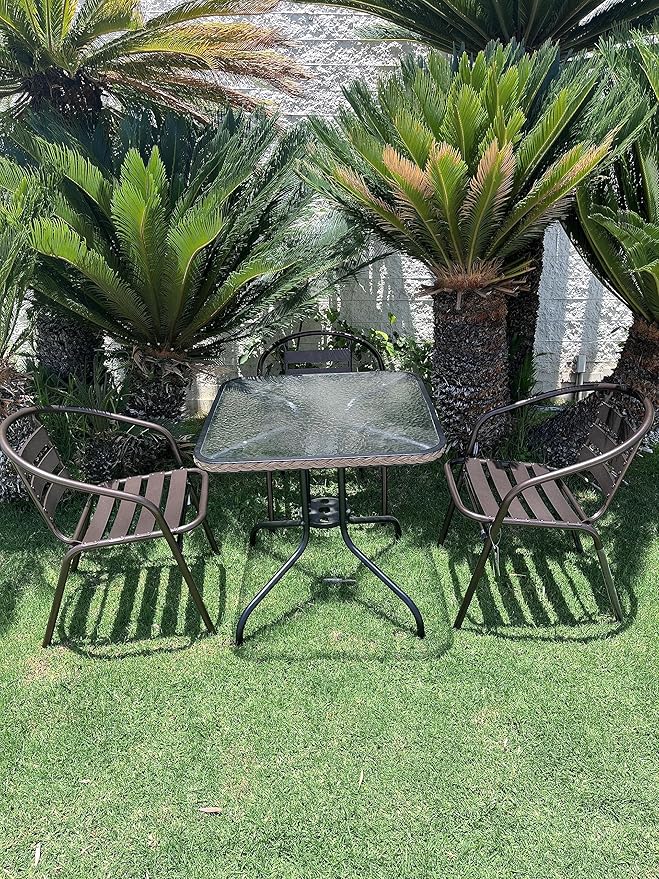 BTEXPERT Indoor Outdoor 28" Tempered Glass Trim Restaurant Aluminum Slat Stack Lightweight, 3 Metal Chairs with a Square Rattan Table, Bronze/Brown
