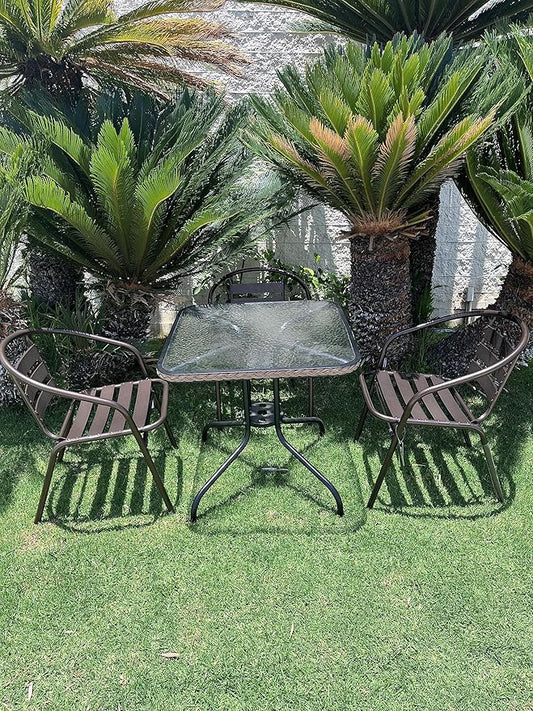 BTEXPERT Indoor Outdoor 28" Tempered Glass Trim Restaurant Aluminum Slat Stack Lightweight, 3 Metal Chairs with a Square Rattan Table, Bronze/Brown