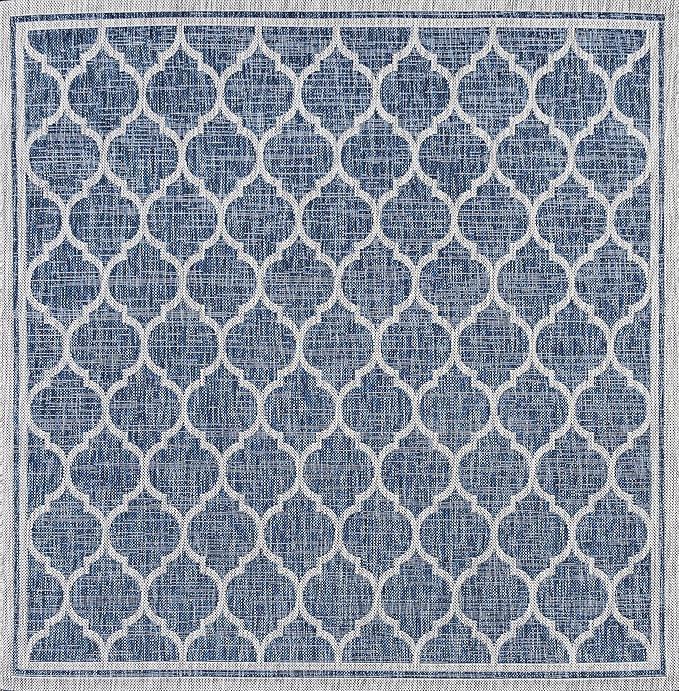 JONATHAN Y Moroccan Trellis Indoor Outdoor Square Area Rug 4X4 Navy/Gray, Trebol Textured Weave for Backyard, Patio, Porch, Easy-Cleaning, High Traffic, Pet-Friendly, Non-Shedding (SMB109D-4SQ)