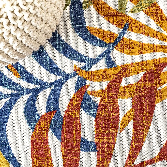 JONATHAN Y Tropics Palm Leaves Indoor Outdoor Square Area Rug 5X5 Cream/Orange, Boho for Backyard, Patio, Porch, Easy-Cleaning, High Traffic, Pet-Friendly, Non-Shedding (AMC100B-5SQ)