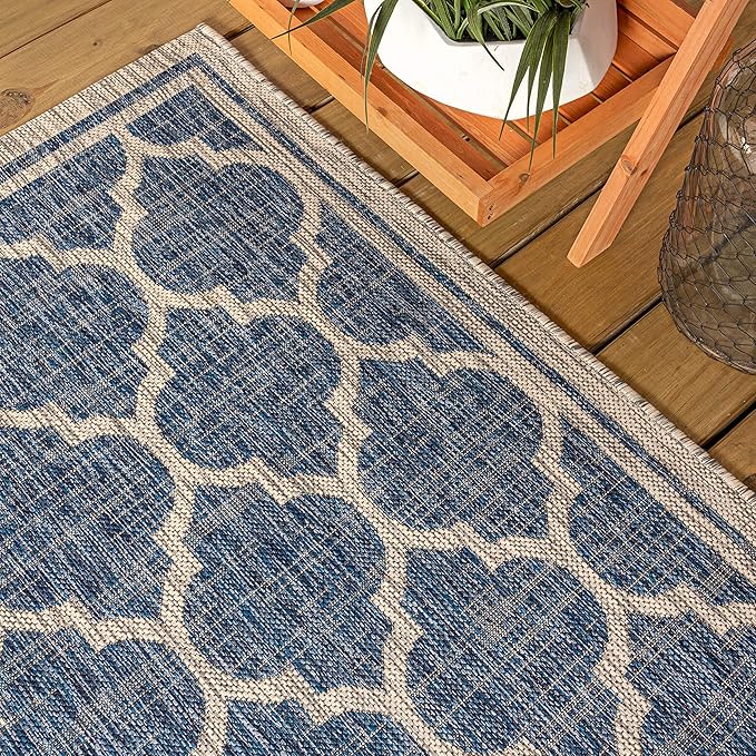 JONATHAN Y Moroccan Trellis Indoor Outdoor Round Area Rug 8 Ft Navy/Gray, Trebol Textured Weave for Backyard, Patio, Porch, Easy-Cleaning, High Traffic, Pet-Friendly, Non-Shedding (SMB109D-8R)