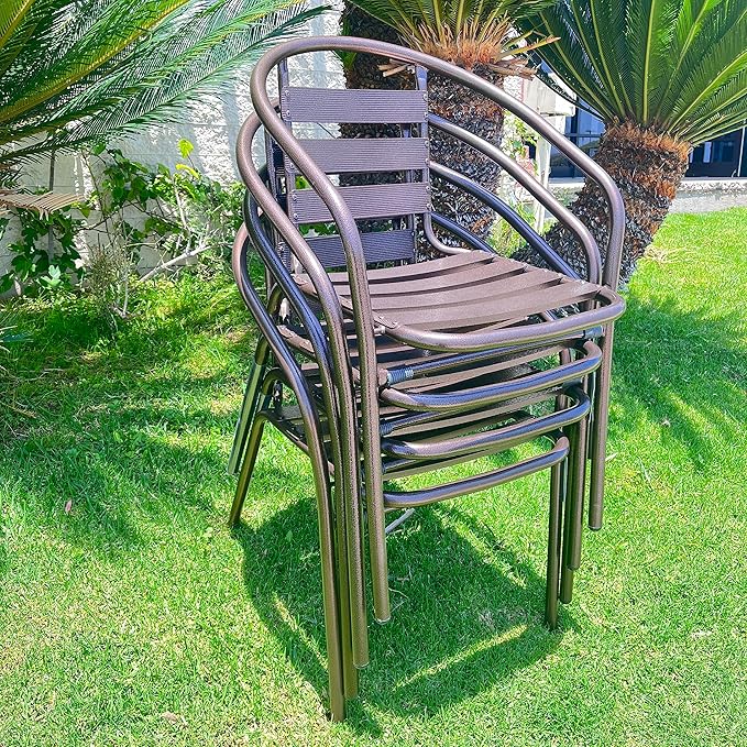 BTEXPERT Indoor Outdoor 28" Tempered Glass Trim Restaurant Aluminum Slat Stack Lightweight, 4 Metal Chairs with a Square Rattan Table, Bronze/Brown