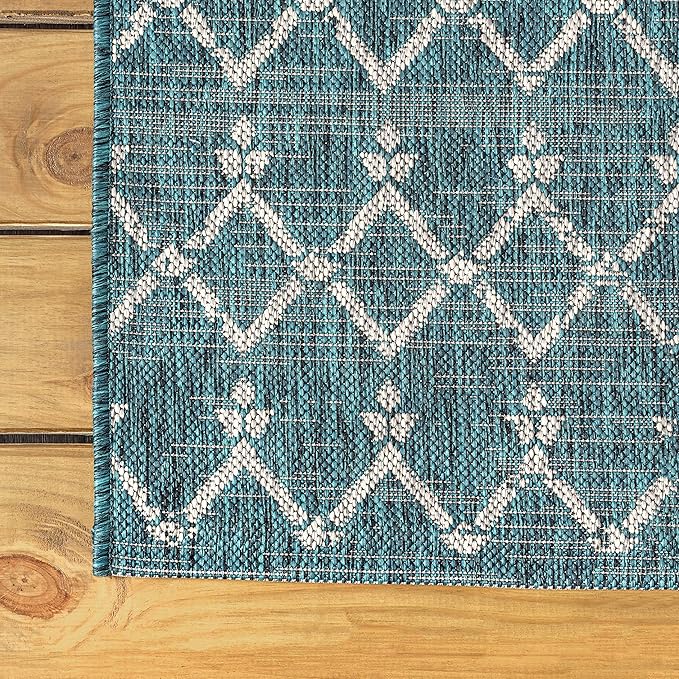 JONATHAN Y Moroccan Geometric Indoor Outdoor Square Area Rug 8X8 Teal/Gray, Ourika Textured Weave for Backyard, Patio, Porch, Easy-Cleaning, High Traffic, Pet-Friendly, Non-Shedding (SMB108C-8SQ)