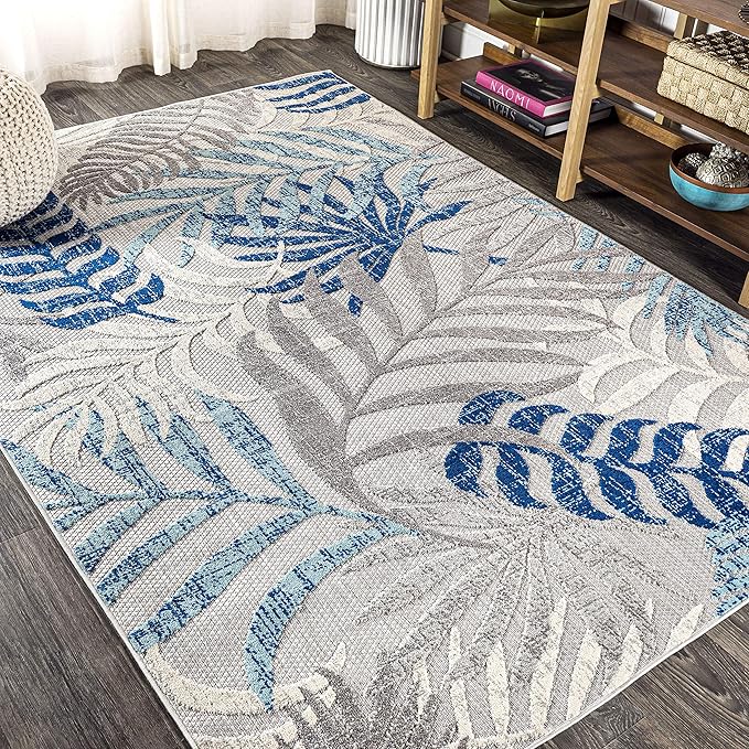 JONATHAN Y Tropics Palm Leaves Indoor Outdoor Area Rug 5X8 Gray/Blue, Boho for Backyard, Patio, Porch, Easy-Cleaning, High Traffic, Pet-Friendly, Non-Shedding (AMC100A-5)